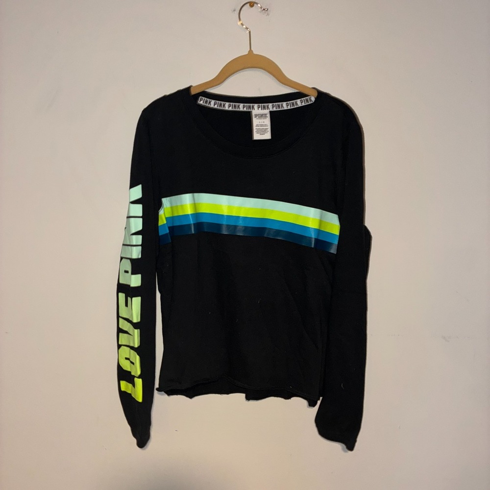 PINK Victoria's Secret Love Pink Long Sleeve Shirt Black Rainbow Stripe L